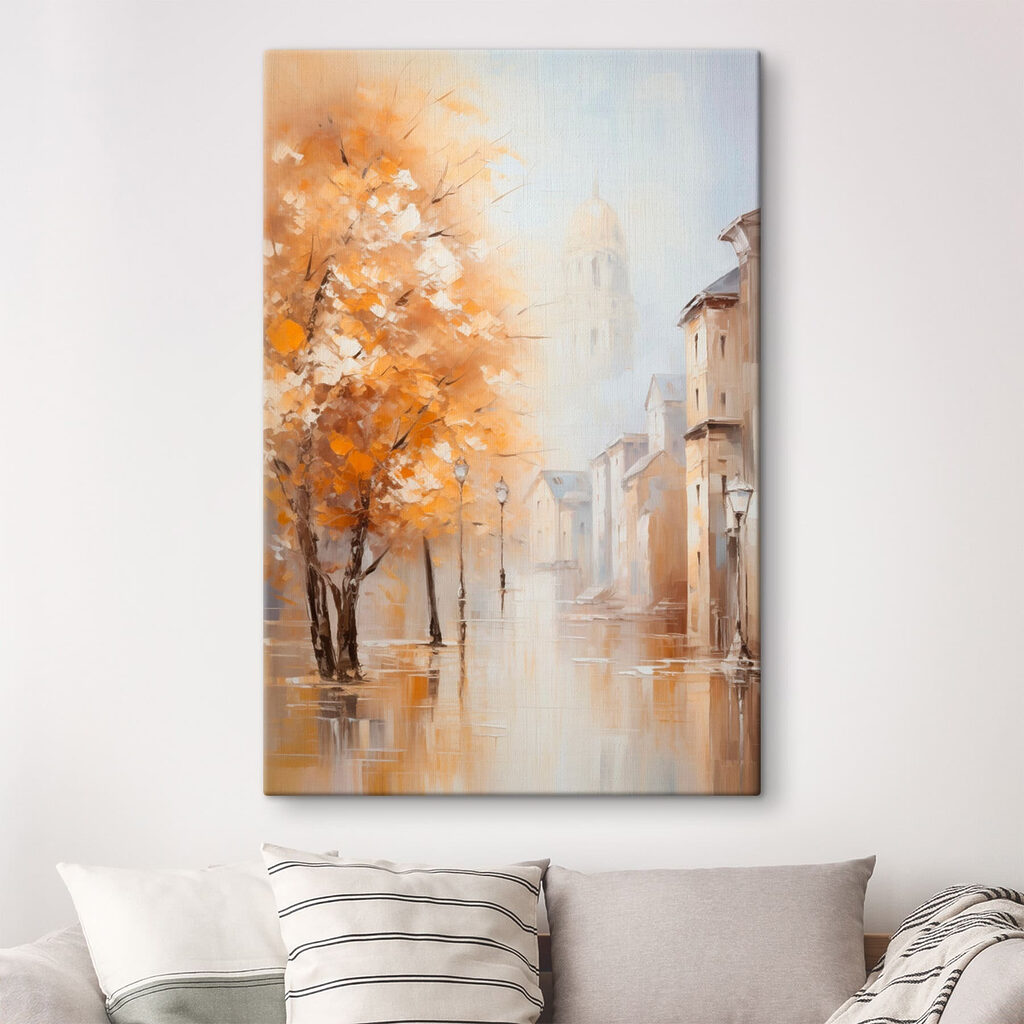 Painting of a street with trees and buildings in the background Painting of a street with trees and buildings in the background