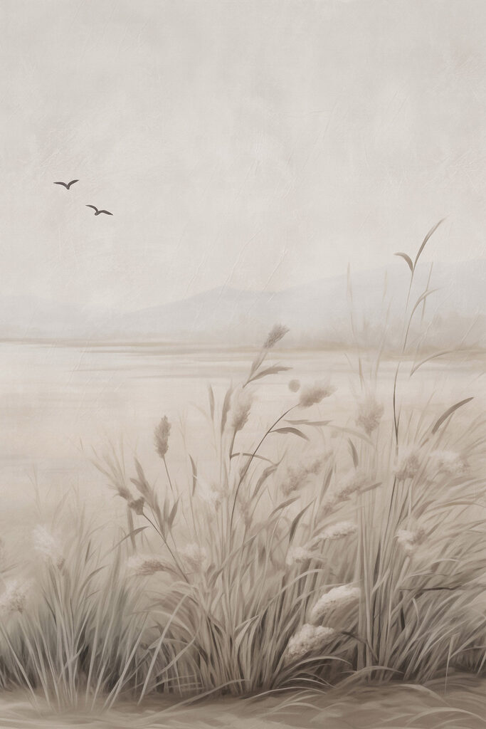 Painting of a field of grass and birds flying in the sky