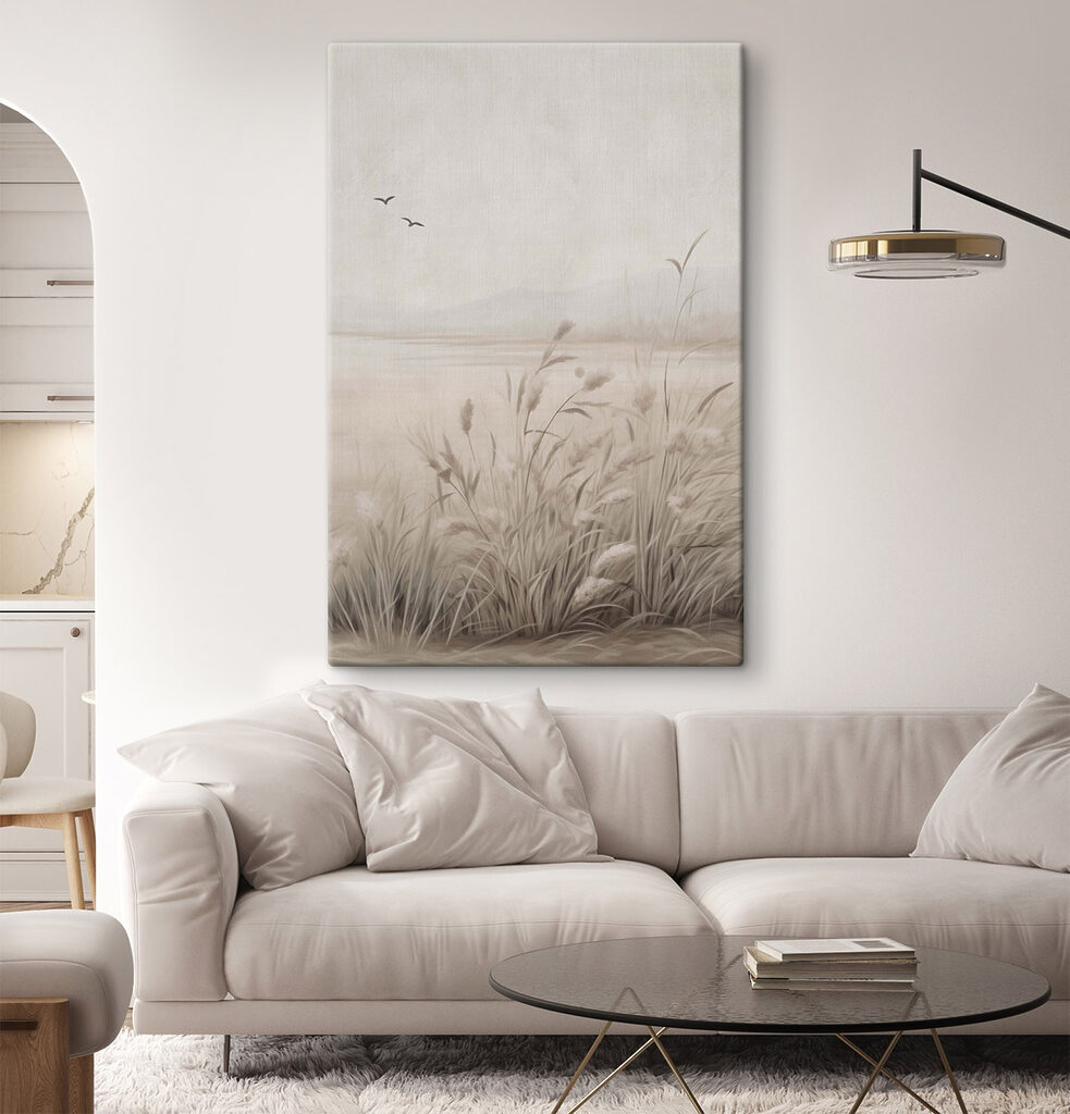 Painting of a field of grass and birds flying in the sky