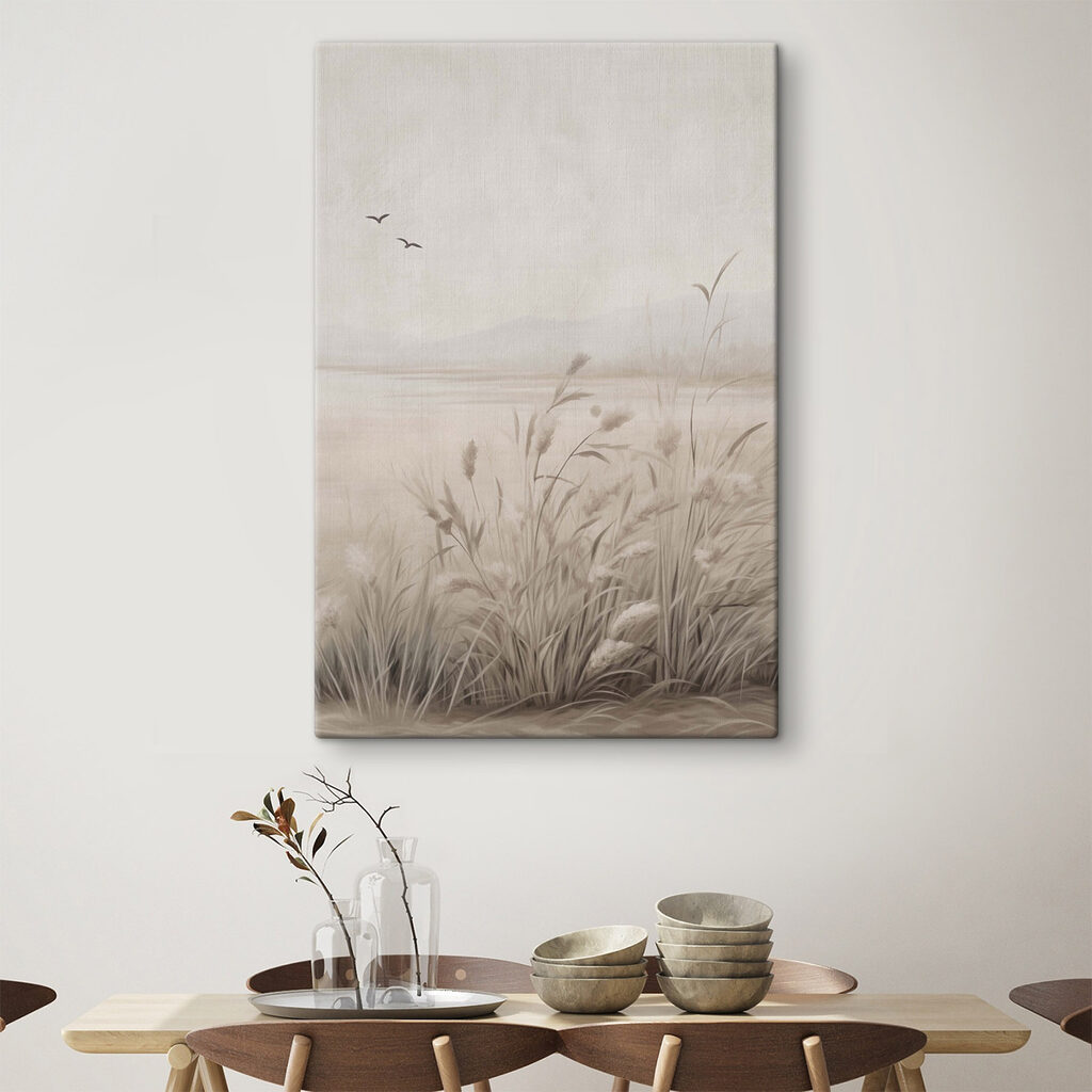 Painting of a field of grass and birds flying in the sky