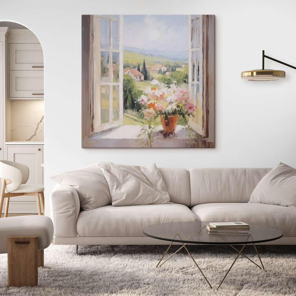 Painting of a window with flowers in it