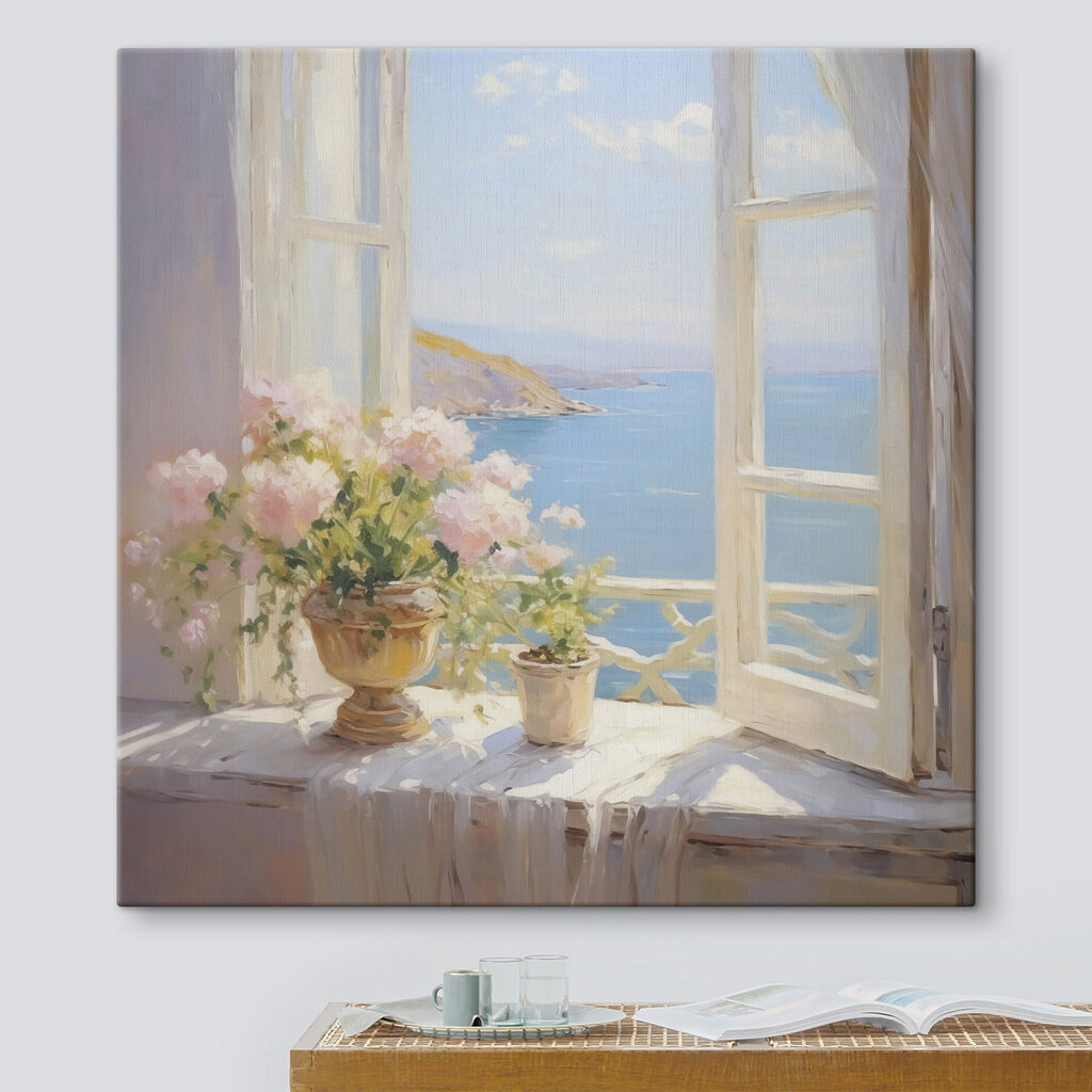 Painting of flowers on a window sill Painting of flowers on a window sill