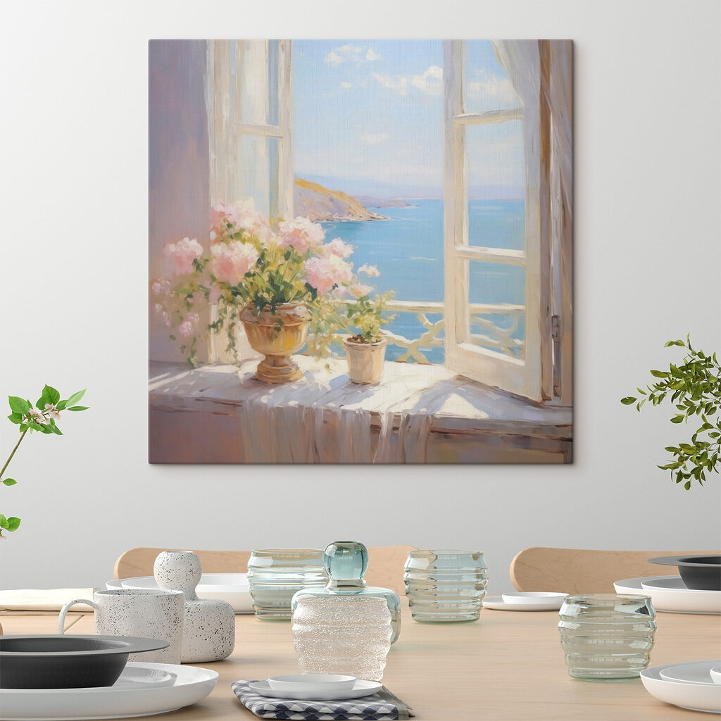 Painting of flowers on a window sill Painting of flowers on a window sill