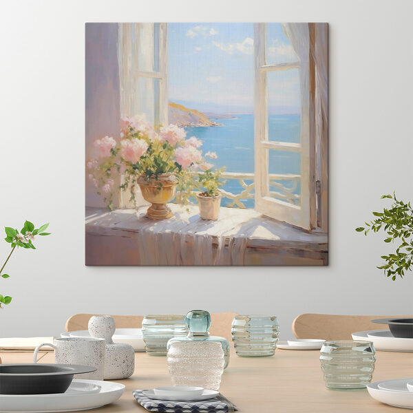 Painting of flowers on a window sill Painting of flowers on a window sill