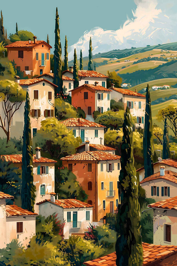 Group of houses with trees and hills in the background Group of houses with trees and hills in the background