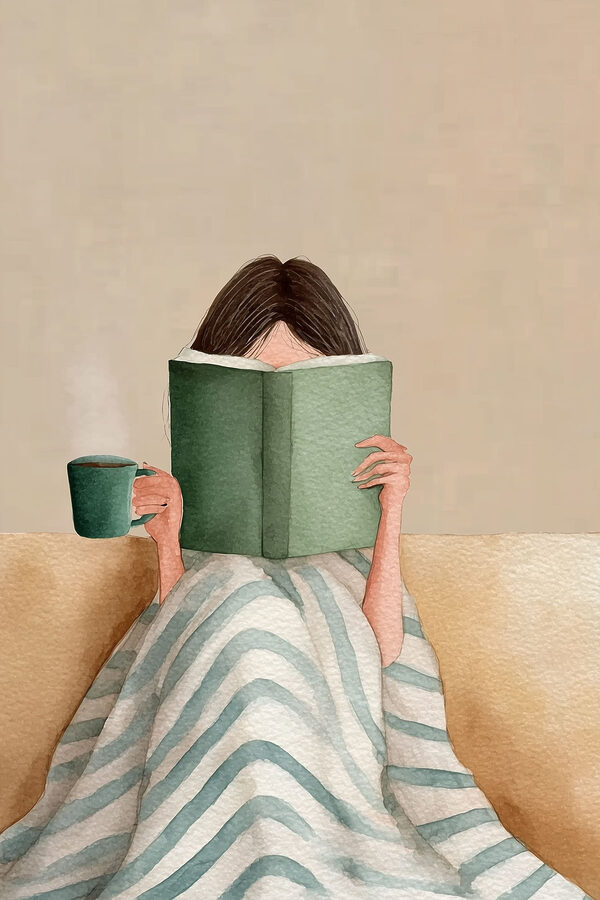 Woman reading a book and holding a cup Woman reading a book and holding a cup