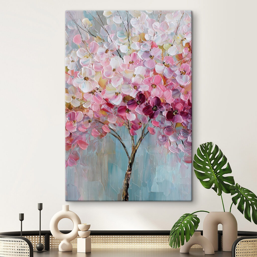 Painting of a tree with pink flowers