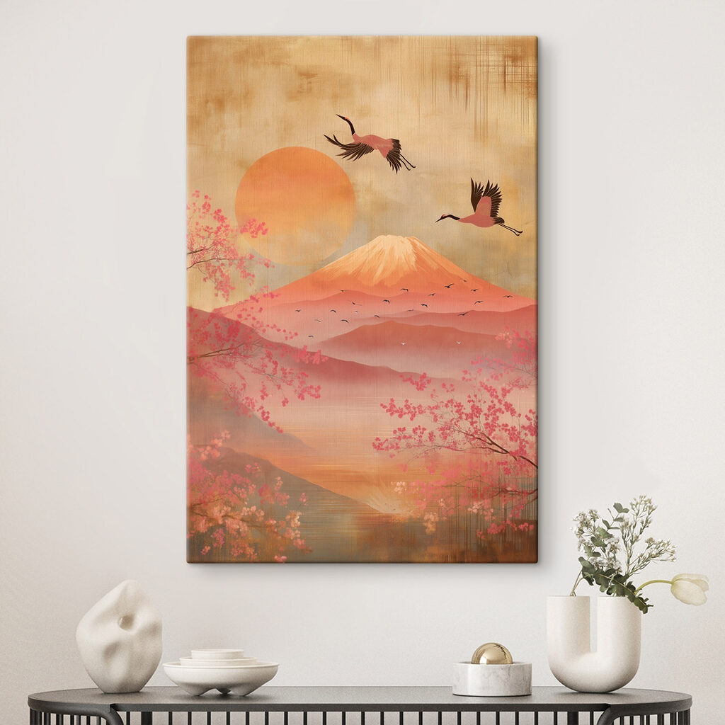 Painting of a mountain with a bird flying over it
