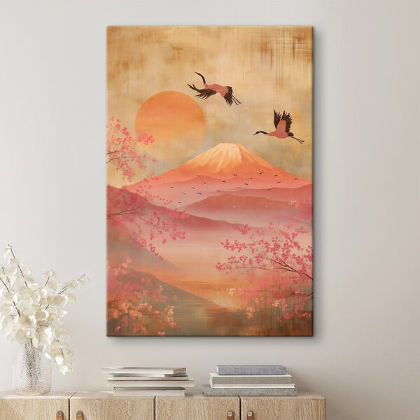 Painting of a mountain with a bird flying over it