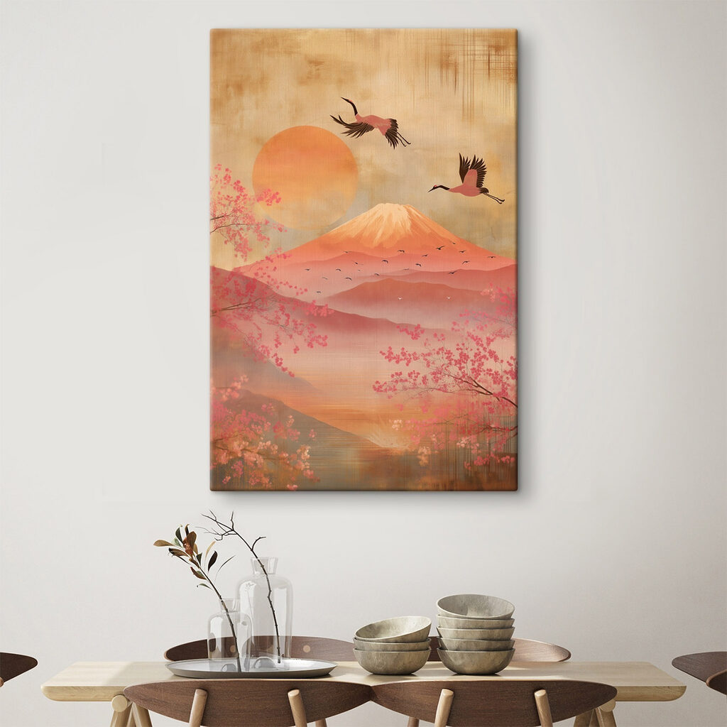 Painting of a mountain with a bird flying over it
