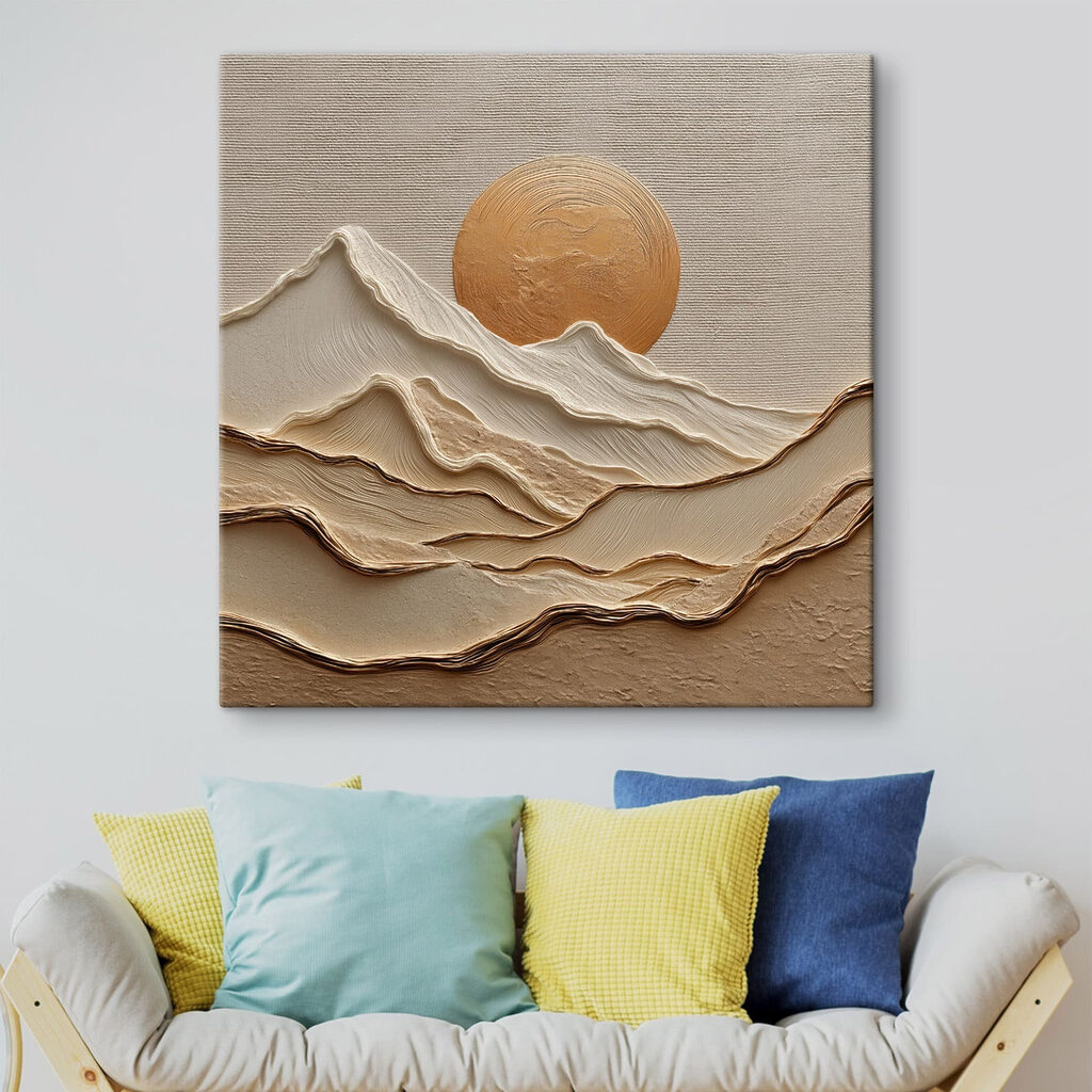 Painting of mountains and sun