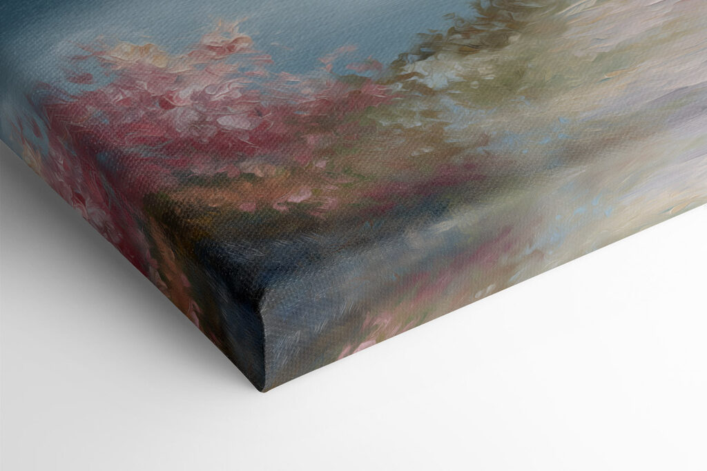 Painting of a lake with pink trees and mountains Painting of a lake with pink trees and mountains