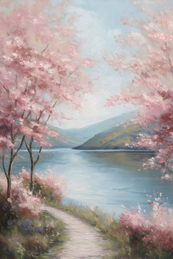Painting of a lake with pink flowers