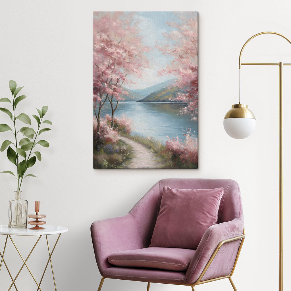 Painting of a lake with pink flowers