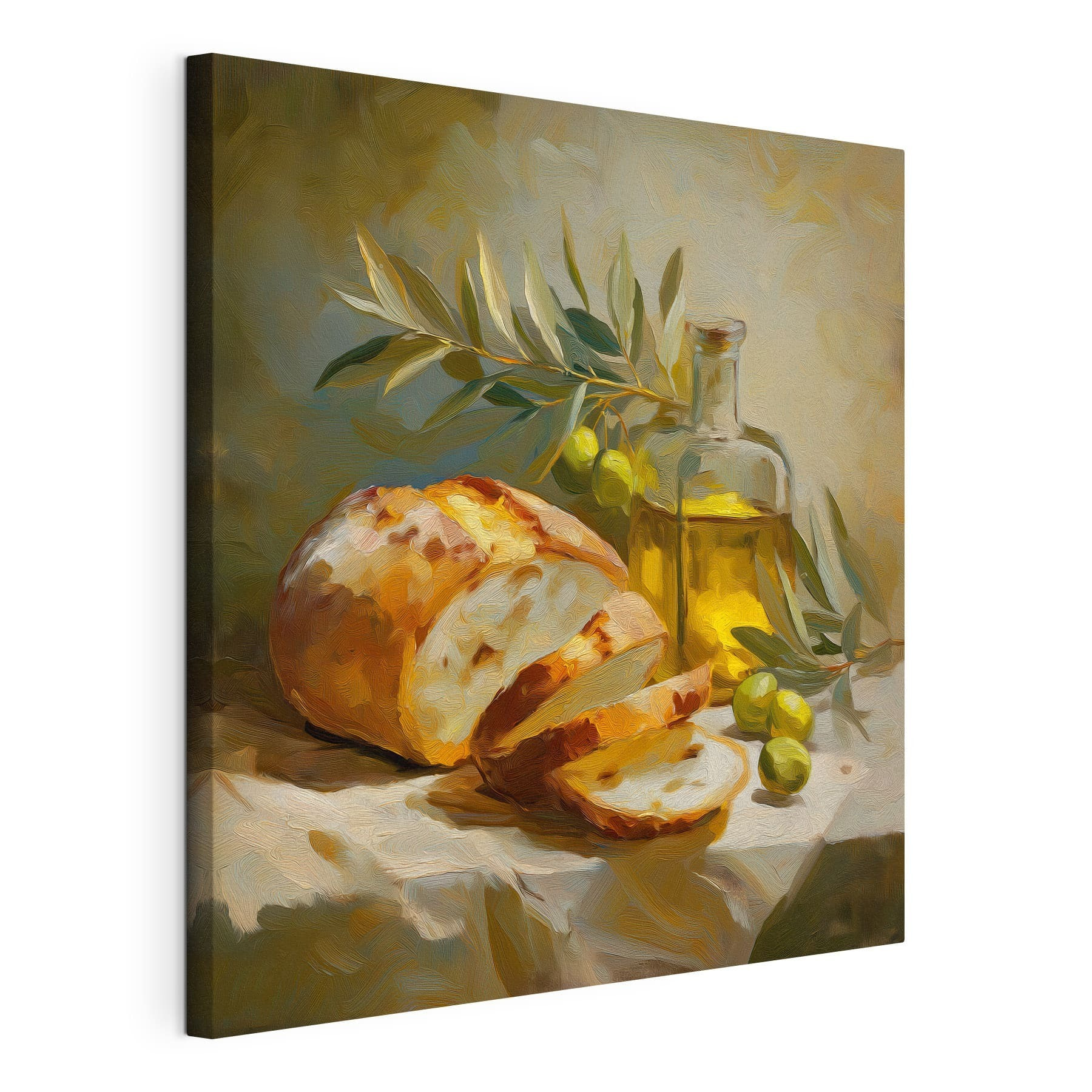 Painting of a still life with a loaf of bread and olives