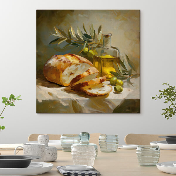 Painting of a still life with a loaf of bread and olives