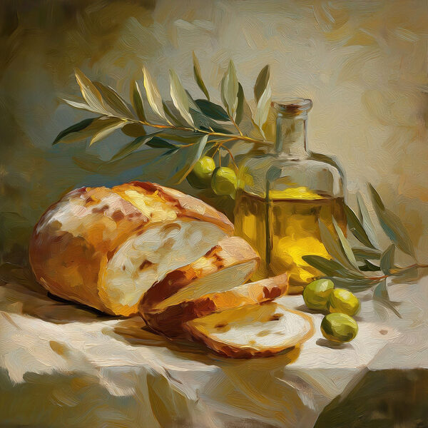 Painting of a still life with a loaf of bread and olives