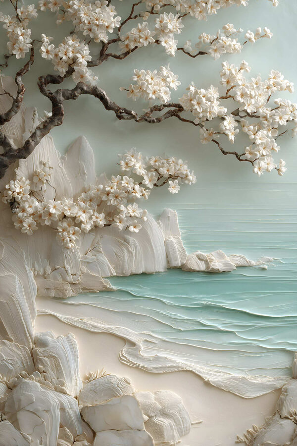 Painting of a beach with white flowers and a tree Painting of a beach with white flowers and a tree