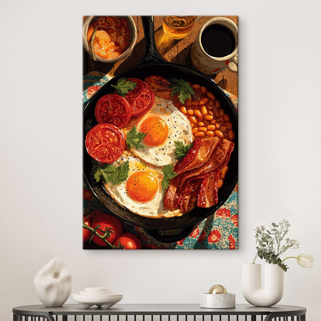 Pan of food with eggs bacon beans and tomatoes
