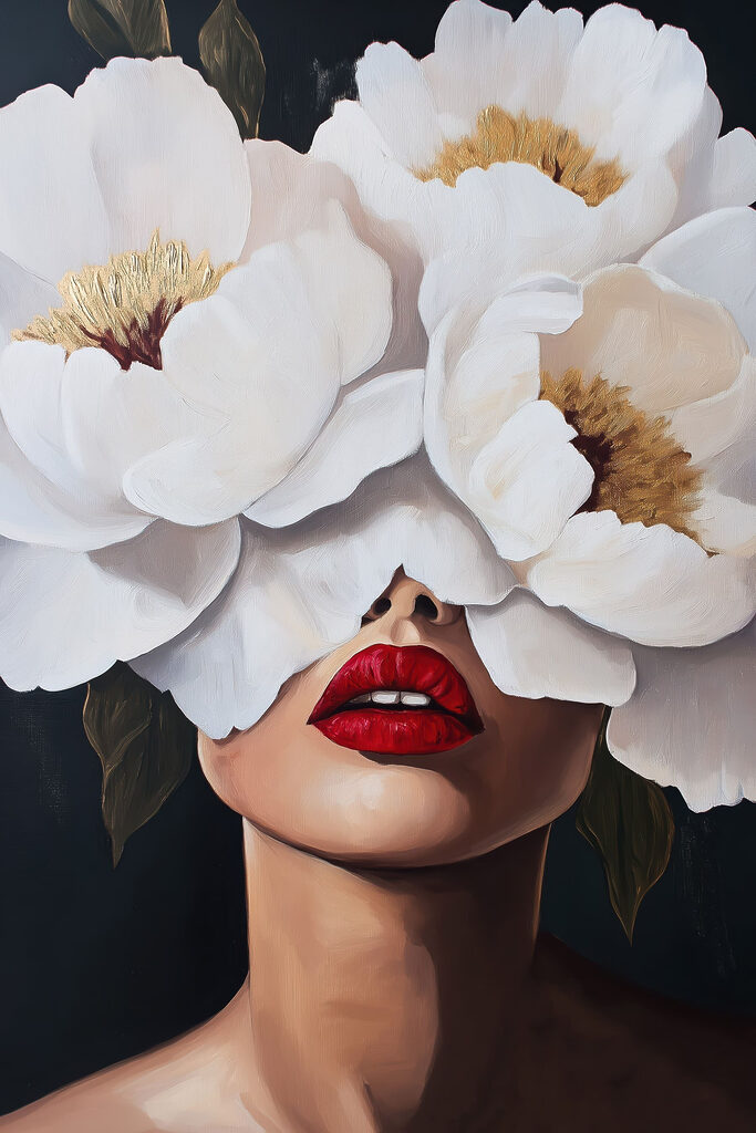 Painting of a woman with flowers over her face Painting of a woman with flowers over her face