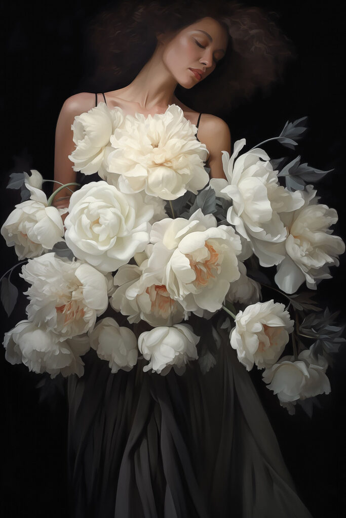 Woman holding a large bouquet of flowers