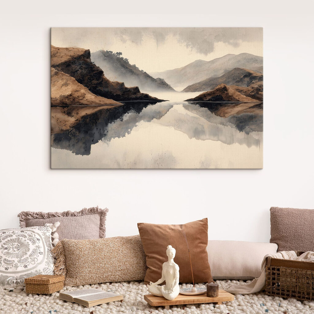 Water with mountains and fog