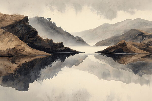 Water with mountains and fog