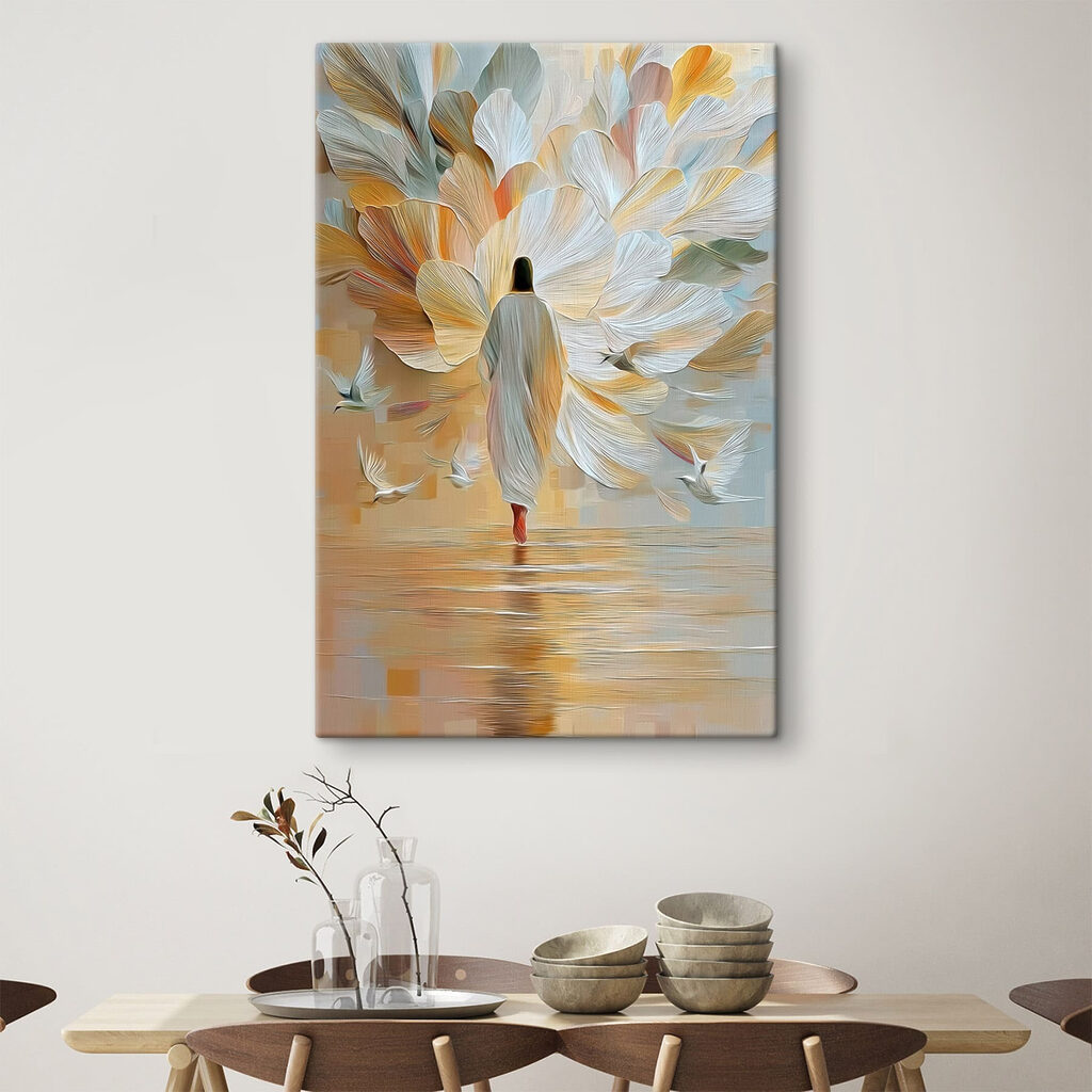 Person walking in the water with birds flying around Person walking in the water with birds flying around