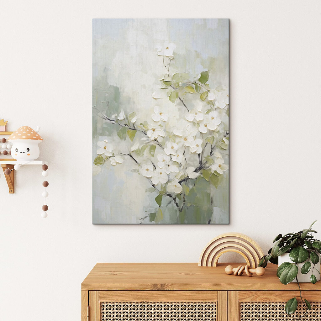 Painting of white flowers on a branch Painting of white flowers on a branch
