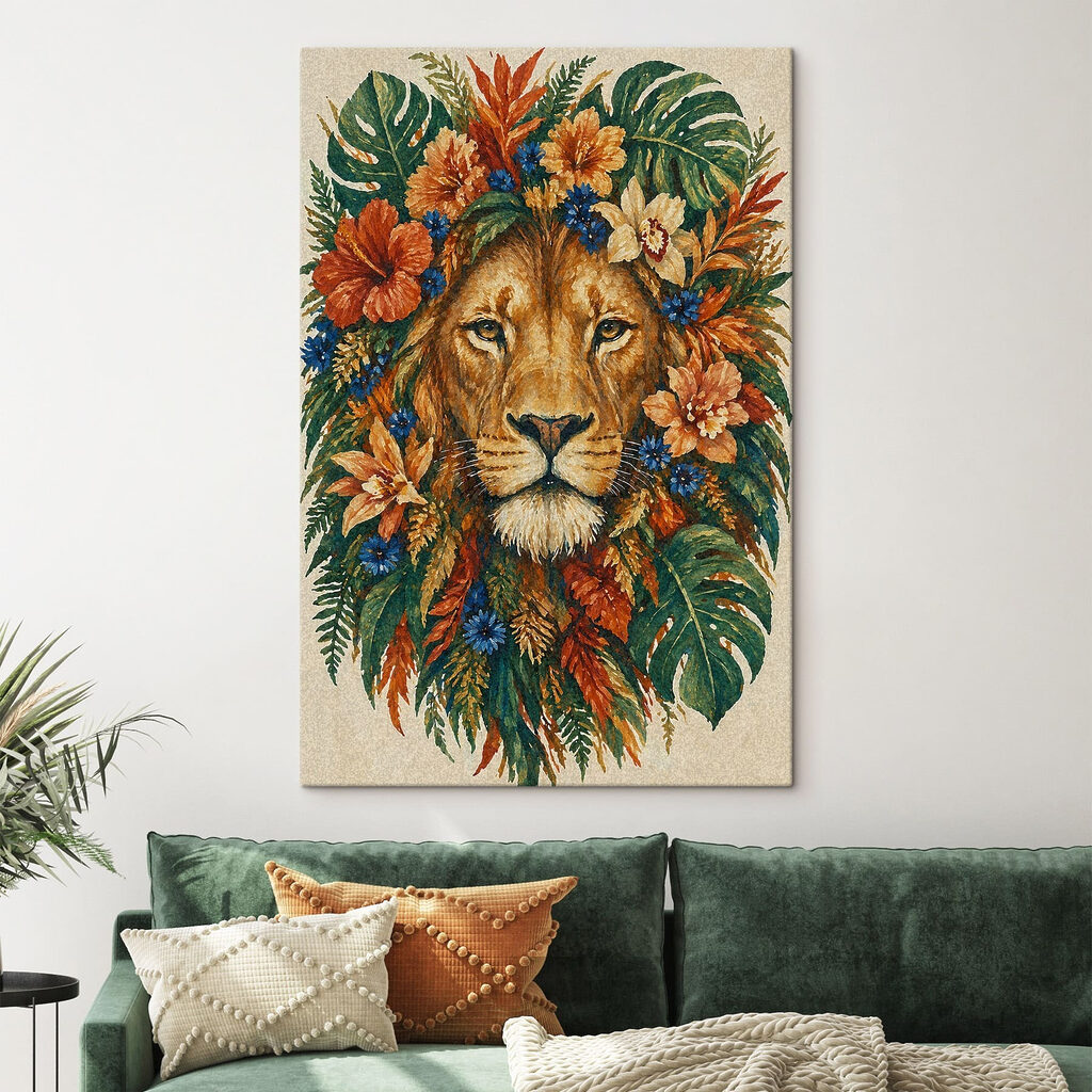Painting of a lion with flowers