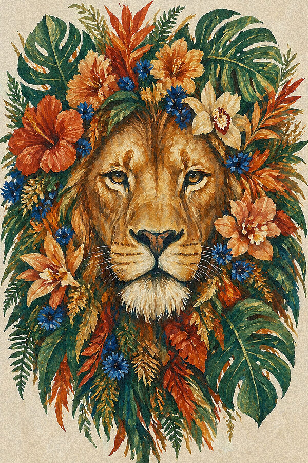 Painting of a lion with flowers