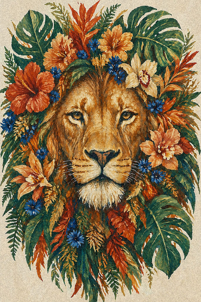 Painting of a lion with flowers