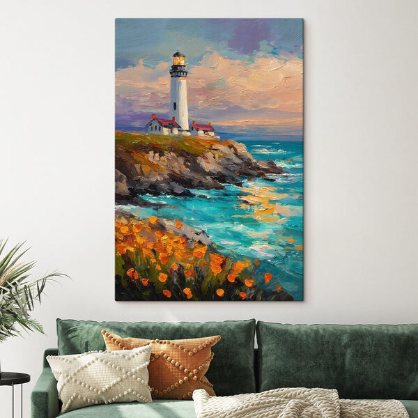 Obraz Obraz przedstawiający latarnię morską na klifie nad oceanem (SKU: s49003) Obraz Obraz Obraz przedstawiający latarnię morską na klifie nad oceanem (SKU: s49003)