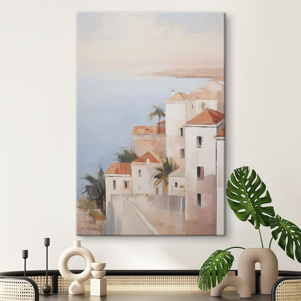 Painting of a group of buildings with palm trees
