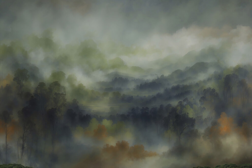 Foggy forest with trees and hills Foggy forest with trees and hills