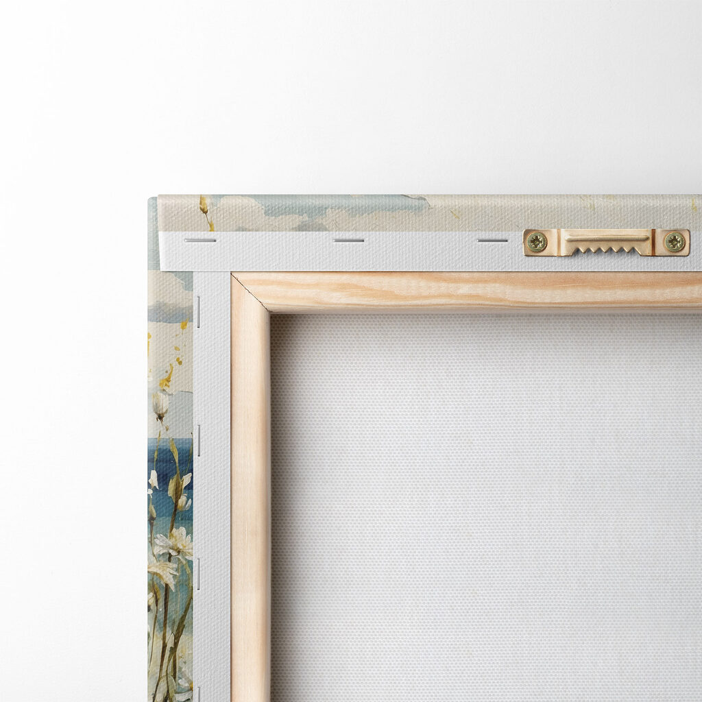 Painting of flowers and a body of water