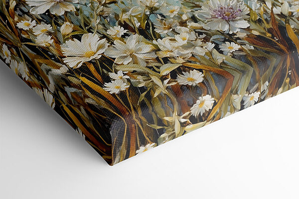 Painting of flowers and a body of water