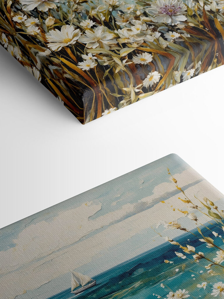 Painting of flowers and a body of water