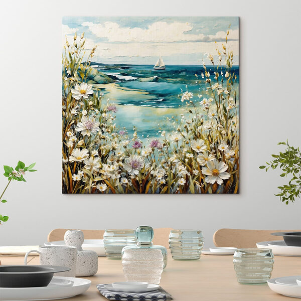 Painting of flowers and a body of water
