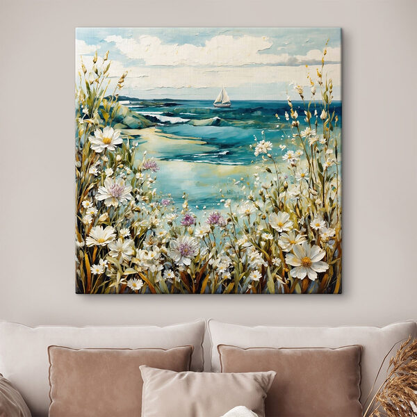 Painting of flowers and a body of water