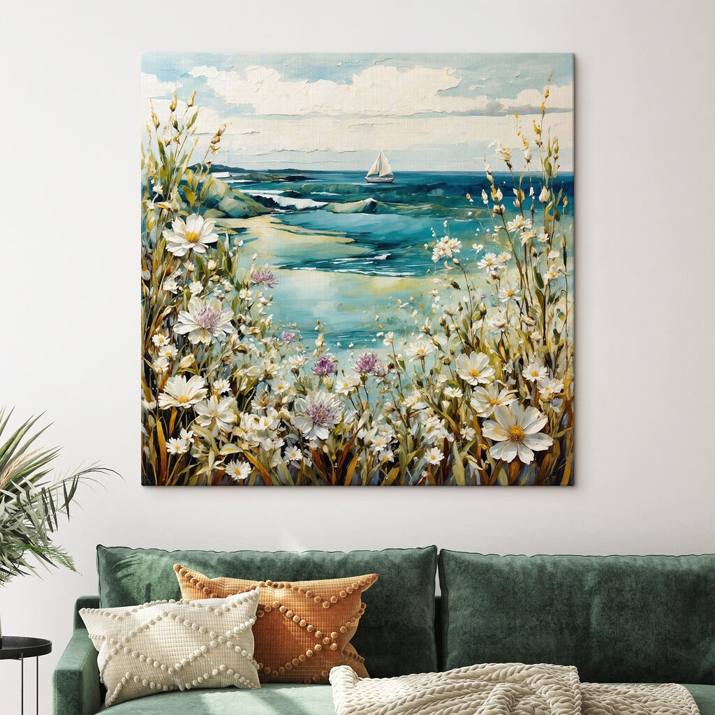 Painting of flowers and a body of water