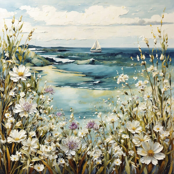 Painting of flowers and a body of water