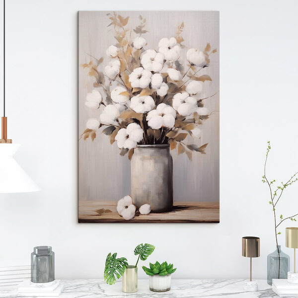 Painting of cotton flowers in a vase Painting of cotton flowers in a vase