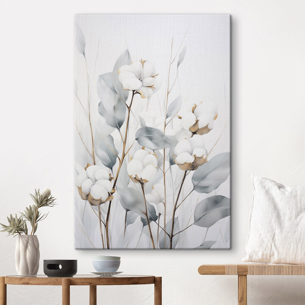 Painting of cotton flowers and leaves
