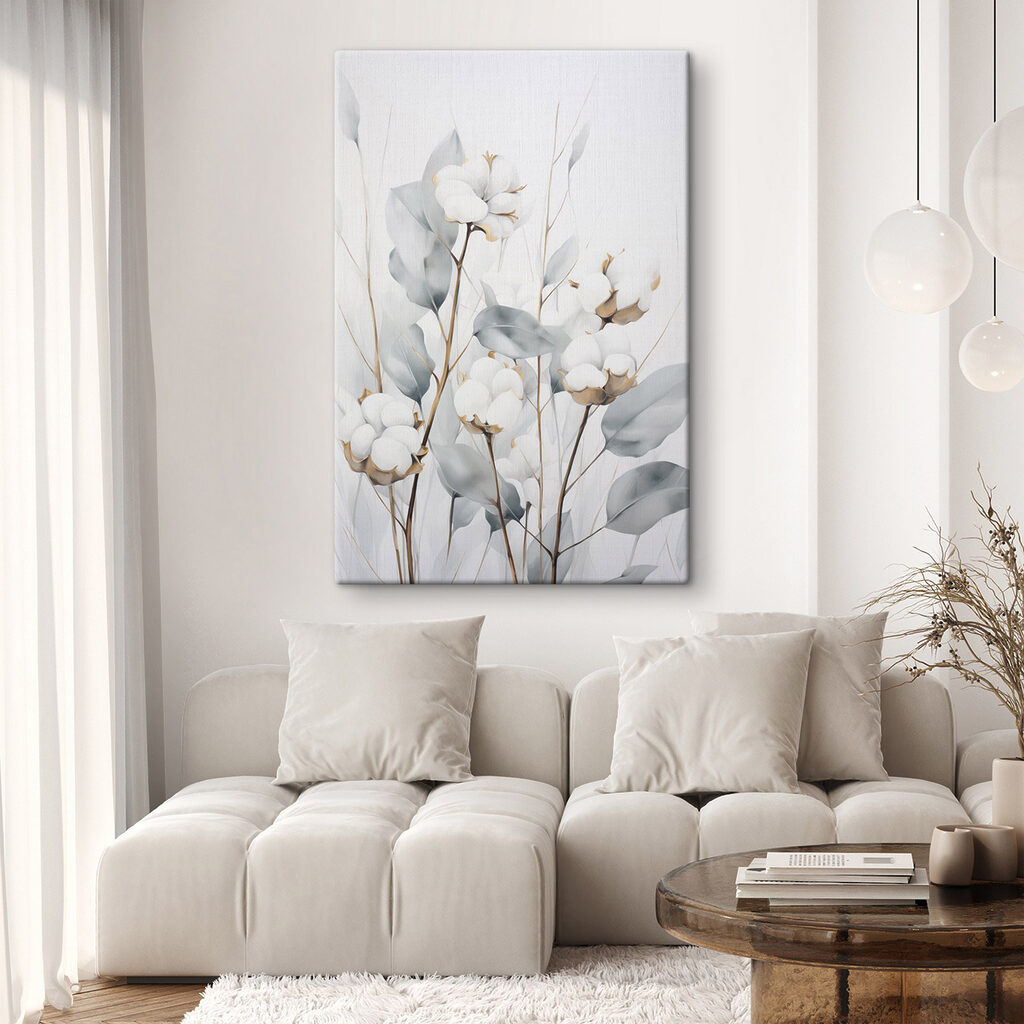 Painting of cotton flowers and leaves