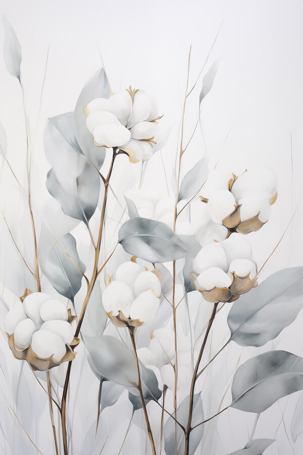 Painting of cotton flowers and leaves