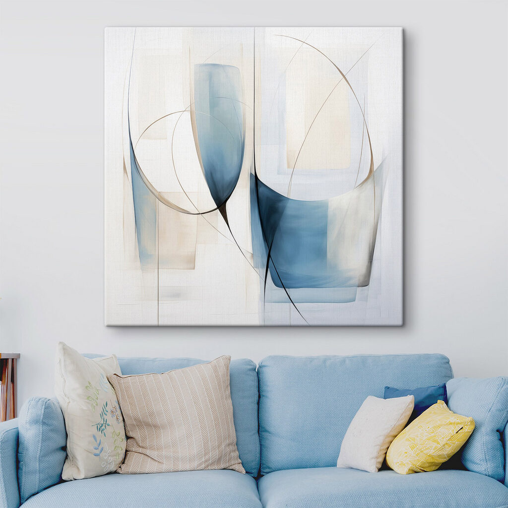 Painting of a couple of blue and white shapes Painting of a couple of blue and white shapes