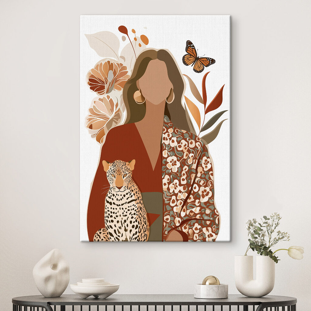 Woman with a leopard and butterflies