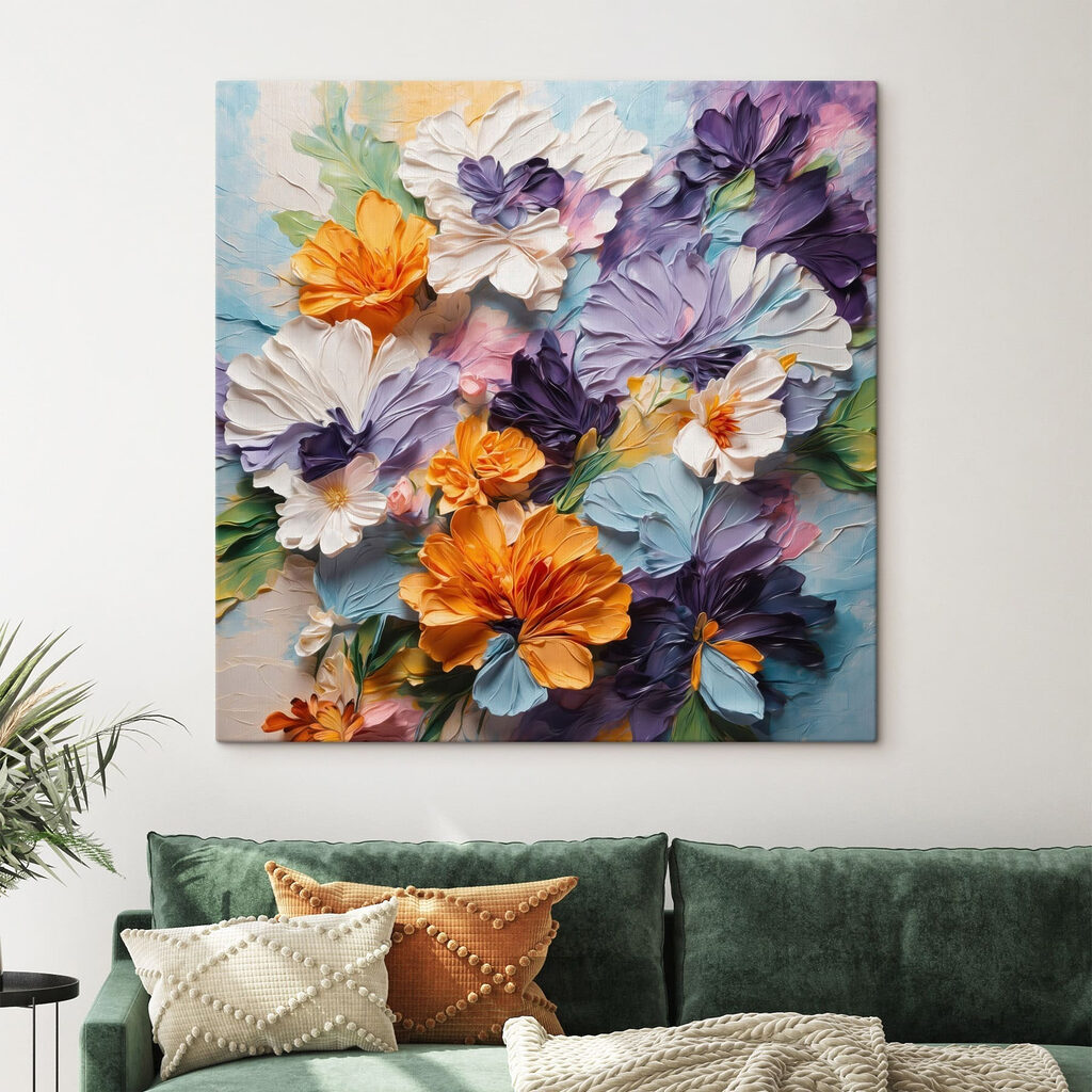 Painting of flowers on a blue surface