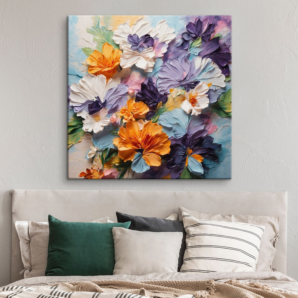 Painting of flowers on a blue surface